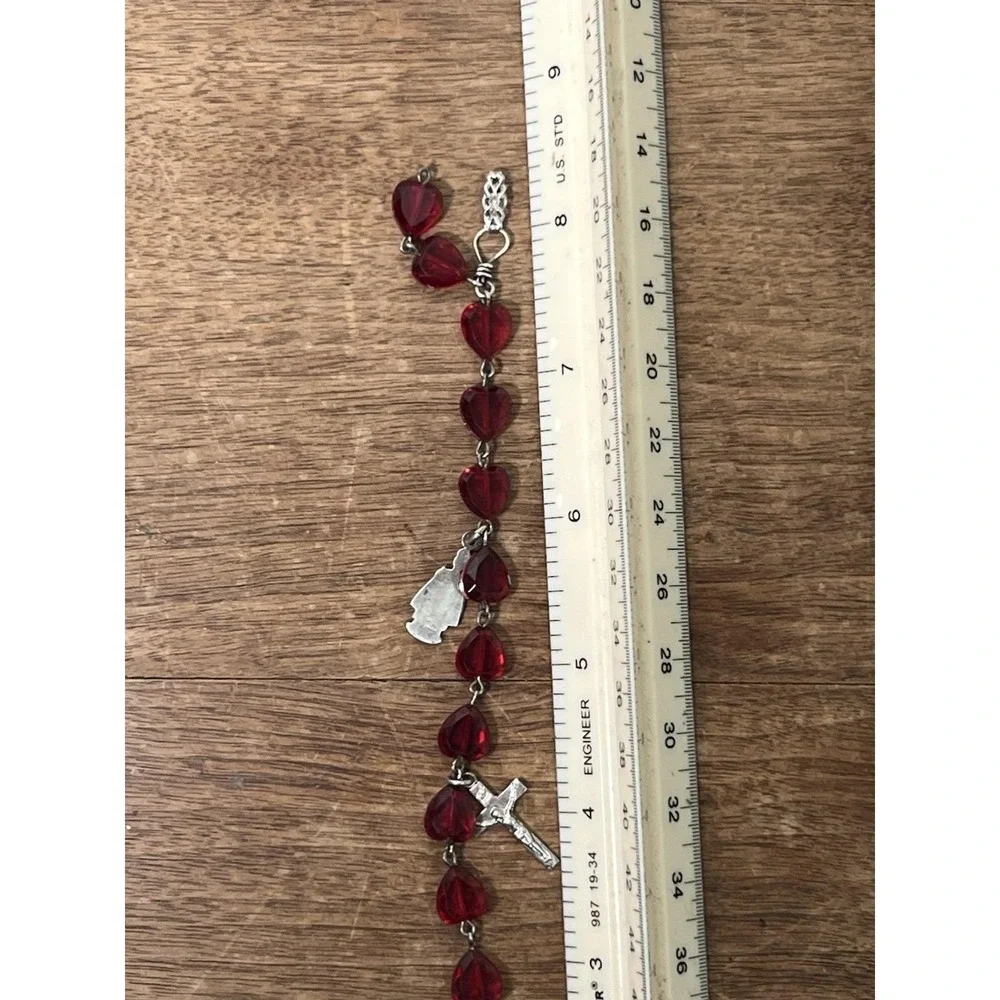 Vtg Religious Bracelet CHAPEL Co. Red Czech Glass Hearts Sterling Silver Charms
